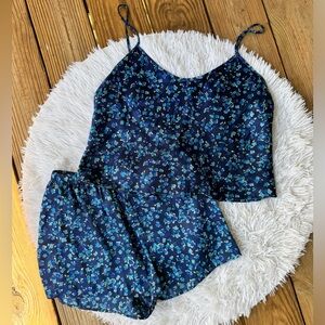 Blue Satin Floral Pajama Set Tank Top Elastic Shorts Summer PJs Y2K
